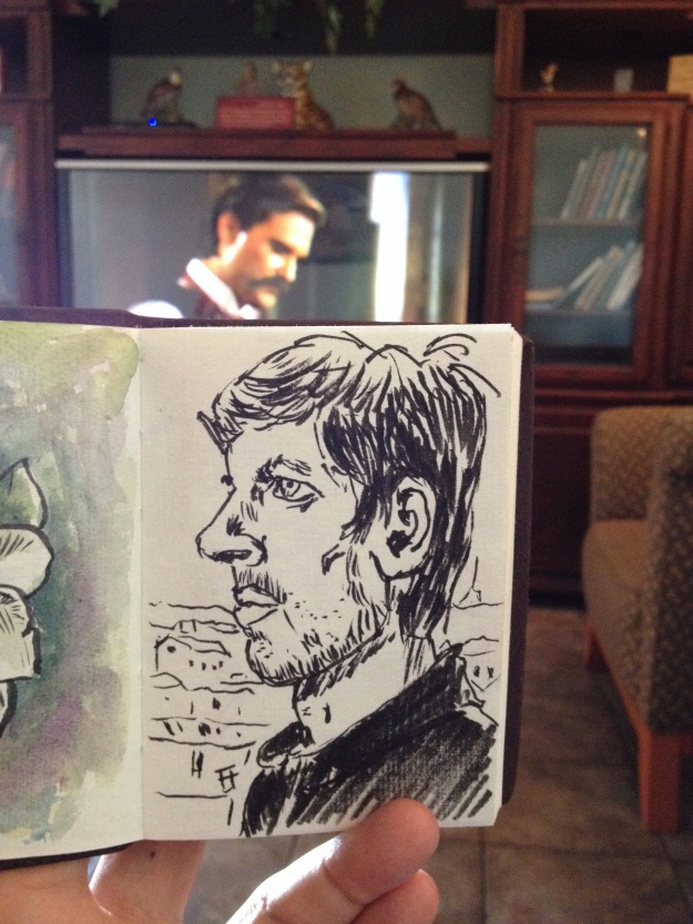 Some dude.  Pentel pocket brush pen in the sketchbook. Notice Kurt Russel as Wyatt Earp from Tombstone in the background.