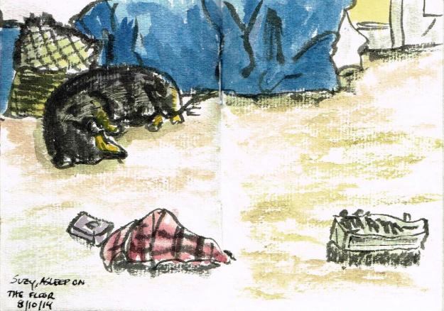 Suzy, asleep on the floor (brush pen & watercolor in the mini sketchbook)